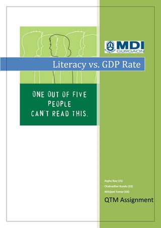 Literacy vs. GDP Rate

Argha Ray (15)
Chakradhar Kundu (22)
Abhijeet Tomar (03)

QTM Assignment

 