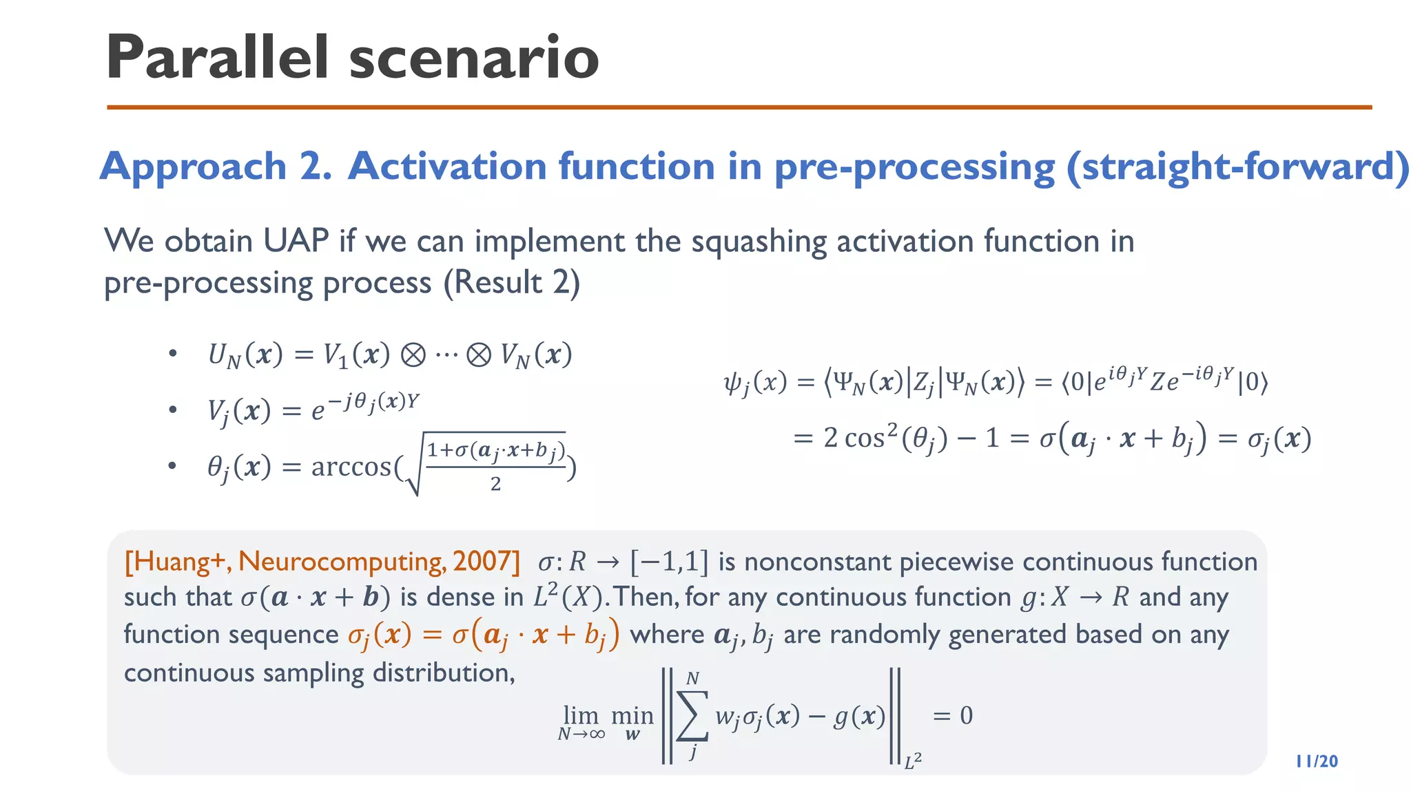 Parallel scenario
Approach 2. Activation function in pre-processing (straight-forward)
[Huang+, Neurocomputing, 2007] 𝜎: 𝑅 → [−1,1] is nonconstant piecewise continuous function
such that 𝜎(𝒂 ⋅ 𝒙 + 𝒃) is dense in 𝐿2(𝑋).Then, for any continuous function 𝑔: 𝑋 → 𝑅 and any
function sequence 𝜎𝑗 𝒙 = 𝜎 𝒂𝑗 ⋅ 𝒙 + 𝑏𝑗 where 𝒂𝑗, 𝑏𝑗 are randomly generated based on any
continuous sampling distribution,
lim
𝑁→∞
min
𝒘
෍
𝑗
𝑁
𝑤𝑗𝜎𝑗 𝒙 − 𝑔(𝒙)
𝐿2
= 0
We obtain UAP if we can implement the squashing activation function in
pre-processing process (Result 2)
• 𝑈𝑁 𝒙 = 𝑉1 𝒙 ⊗ ⋯ ⊗ 𝑉𝑁 𝒙
• 𝑉
𝑗 𝒙 = 𝑒−𝑗𝜃𝑗 𝒙 𝑌
• 𝜃𝑗 𝒙 = arccos(
1+𝜎(𝒂𝑗⋅𝒙+𝑏𝑗)
2
)
𝜓𝑗 𝑥 = Ψ𝑁 𝒙 𝑍𝑗 Ψ𝑁 𝒙 = ⟨0|𝑒𝑖𝜃𝑗𝑌
𝑍𝑒−𝑖𝜃𝑗𝑌
|0⟩
= 2 cos2(𝜃𝑗) − 1 = 𝜎 𝒂𝑗 ⋅ 𝒙 + 𝑏𝑗 = 𝜎𝑗(𝒙)
11/20
 