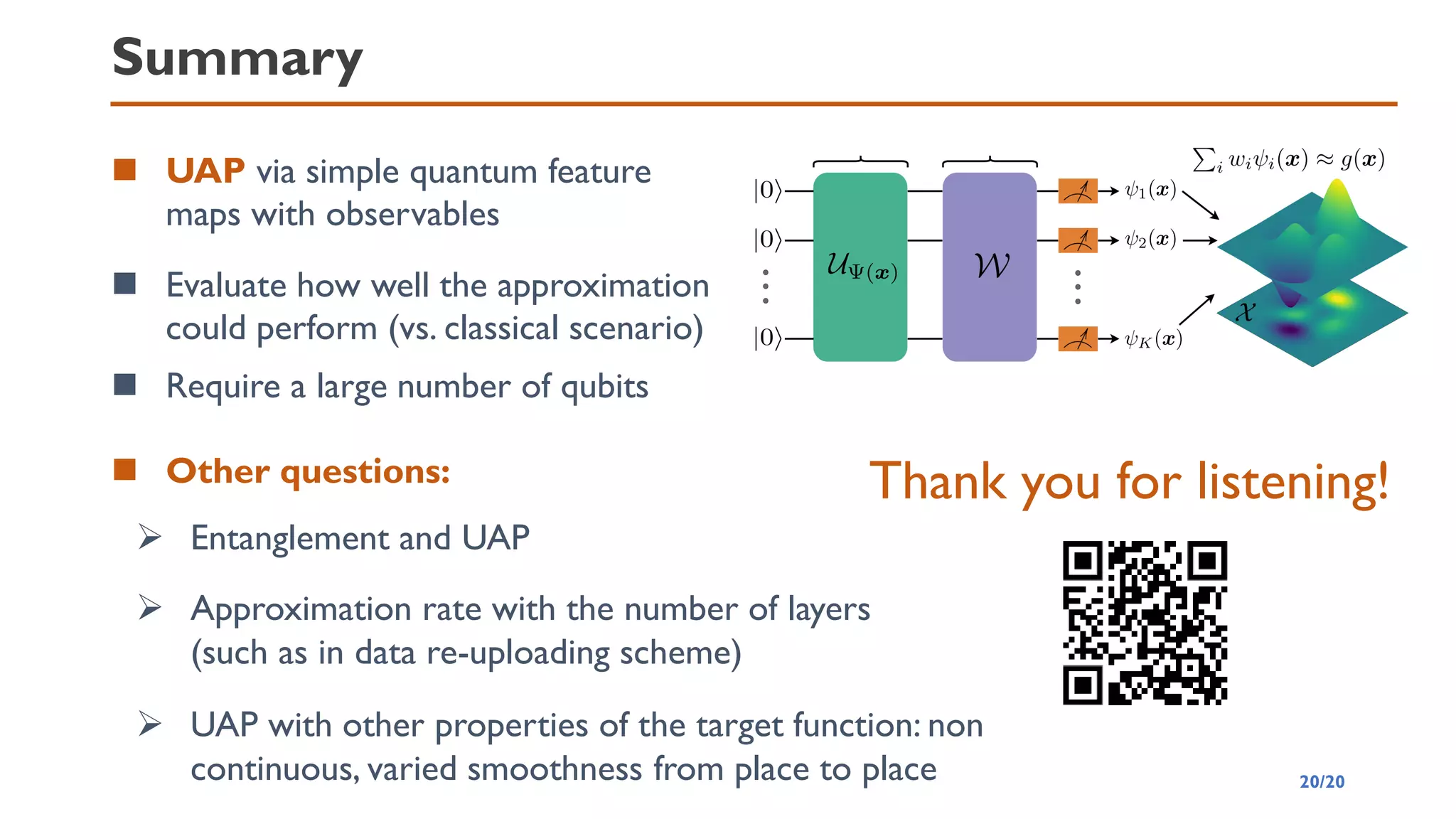 Summary
◼ UAP via simple quantum feature
maps with observables
◼ Other questions:
◼ Evaluate how well the approximation
could perform (vs. classical scenario)
➢ UAP with other properties of the target function: non
continuous, varied smoothness from place to place
➢ Entanglement and UAP
➢ Approximation rate with the number of layers
(such as in data re-uploading scheme)
Thank you for listening!
20/20
◼ Require a large number of qubits
 