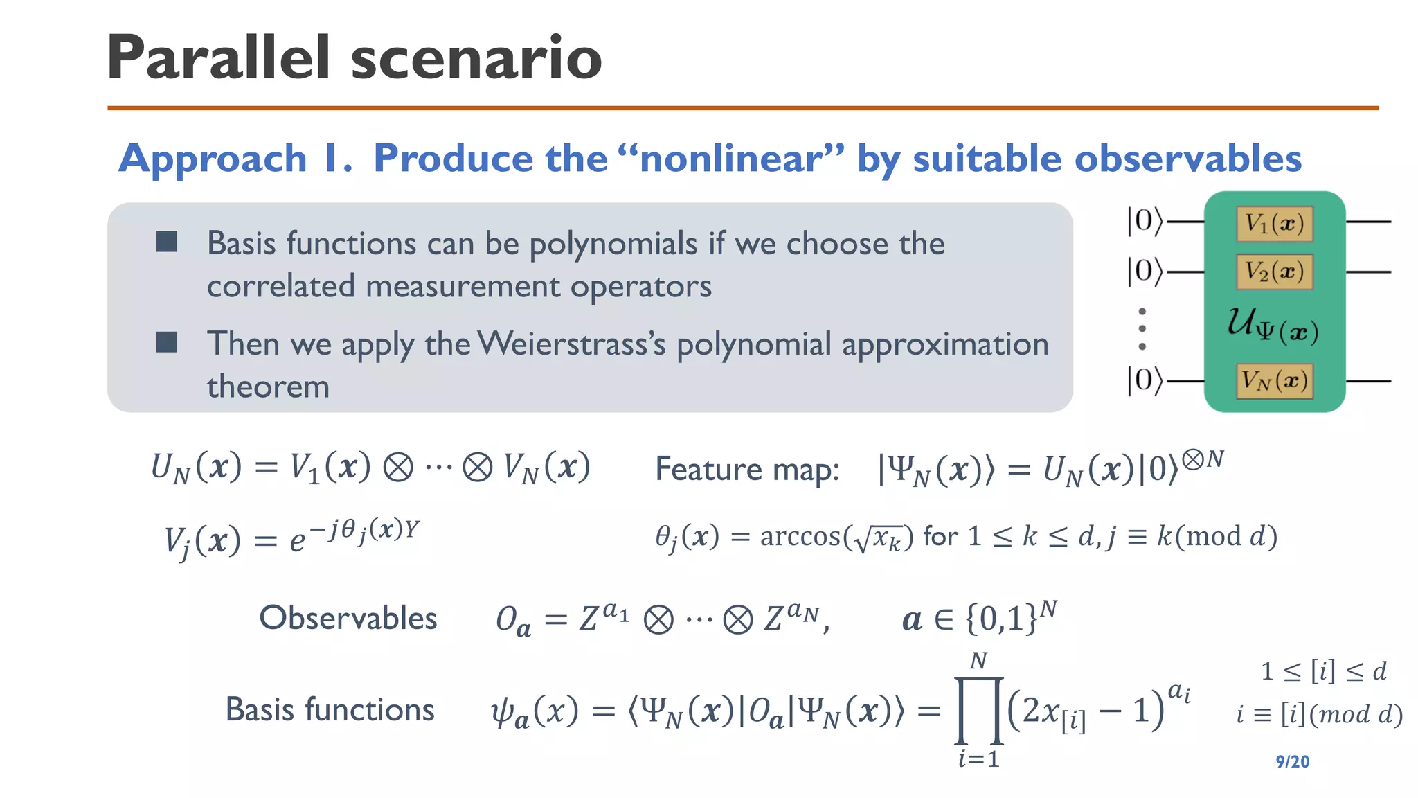Parallel scenario
Approach 1. Produce the “nonlinear” by suitable observables
◼ Basis functions can be polynomials if we choose the
correlated measurement operators
◼ Then we apply the Weierstrass’s polynomial approximation
theorem
𝑈𝑁 𝒙 = 𝑉1 𝒙 ⊗ ⋯ ⊗ 𝑉𝑁 𝒙
𝑉
𝑗 𝒙 = 𝑒−𝑗𝜃𝑗 𝒙 𝑌 𝜃𝑗 𝒙 = arccos( 𝑥𝑘) for 1 ≤ 𝑘 ≤ 𝑑, 𝑗 ≡ 𝑘(mod 𝑑)
𝑂𝒂 = 𝑍𝑎1 ⊗ ⋯ ⊗ 𝑍𝑎𝑁, 𝒂 ∈ 0,1 𝑁
Observables
Basis functions 𝜓𝒂 𝑥 = Ψ𝑁 𝒙 𝑂𝒂 Ψ𝑁 𝒙 = ෑ
𝑖=1
𝑁
2𝑥[𝑖] − 1
𝑎𝑖
Feature map: Ψ𝑁(𝒙) = 𝑈𝑁 𝒙 0 ⊗𝑁
1 ≤ 𝑖 ≤ 𝑑
𝑖 ≡ 𝑖 (𝑚𝑜𝑑 𝑑)
9/20
 