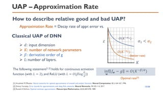 UAP – Approximation Rate
Classical UAP of DNN
inf
𝐰
𝑓
𝒘 − 𝑔 = 𝑂(𝐾−𝛽/𝑑
)
[1] Hrushiksh M Mhaskar. Neural networks for optimal approximation of smooth and analytic functions. Neural Computation, 8(1):164-167, 1996
Optimal rate[3]
[2] Dmitry Yarotsky. Error bounds for approximations with deep Relu networks. Neural Networks, 94:103-114, 2017
[3] Ronald A DeVore. Optimal nonlinear approximation. Manuscripta Mathematica, 63(4):469-478, 1989.
𝐾
𝜀
𝑂(𝐾−𝛼1)
𝑂(𝐾−𝛼2)
𝛼1 < 𝛼2
13/20
The following statement[1,2] holds for continuous activation
function (with 𝐿 = 2), and ReLU (with 𝐿 = 𝑂(𝛽log
𝐾
𝑑
))
➢ 𝑑: input dimension
➢ 𝐾: number of network parameters
➢ 𝛽: derivative order of g
➢ 𝐿: number of layers.
How to describe relative good and bad UAP?
Approximation Rate = Decay rate of appr. error vs.
(better rate)
 