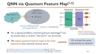 QNN via Quantum Feature Map[1,2]
3/20
[1] V. Havlíček et al., Supervised Learning with Quantum-Enhanced Feature Spaces, Nature 567, 209 (2019)
[2] M. Schuld and N. Killoran, Quantum Machine Learning in Feature Hilbert Spaces, Phys. Rev. Lett. 122, 040504 (2019)
[3] Y. Liu et al., A Rigorous and Robust Quantum Speed-Up in Supervised Machine Learning, Nat. Phys. 17, 1013 (2021)
Input Space 𝒳
Quantum
Hilbert space
𝒙
|Ψ 𝒙 ⟩
Access via Measurements
or Compute Kernel
Or at least the same
expressivity as classical
𝜅 𝒙, 𝒙′ = ⟨Ψ(𝒙)|Ψ(𝒙′)⟩
Heuristic
Quantum Circuit Learning
(K. Mitarai, M. Negoro,M. Kitagawa,
and K. Fujii, Phys. Rev.A 98, 032309)
◼ For a special problem, a formal quantum advantage[3] can
be proven (but is neither “near-term” nor practical)
◼ We expect quantum feature maps to be more
expressive than classical counter parts
 