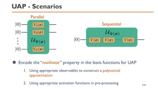 UAP - Scenarios
Parallel
Sequential
◼ Encode the “nonlinear” property in the basis functions for UAP
1. Using appropriate observables to construct a polynomial
approximation
2. Using appropriate activation functions in pre-processing 8/20
 