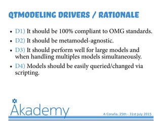 Qtmodeling Drivers / Rationale
● D1) It should be 100% compliant to OMG standards.
● D2) It should be metamodel-agnostic.
● D3) It should perform well for large models and
when handling multiples models simultaneously.
● D4) Models should be easily queried/changed via
scripting.
 