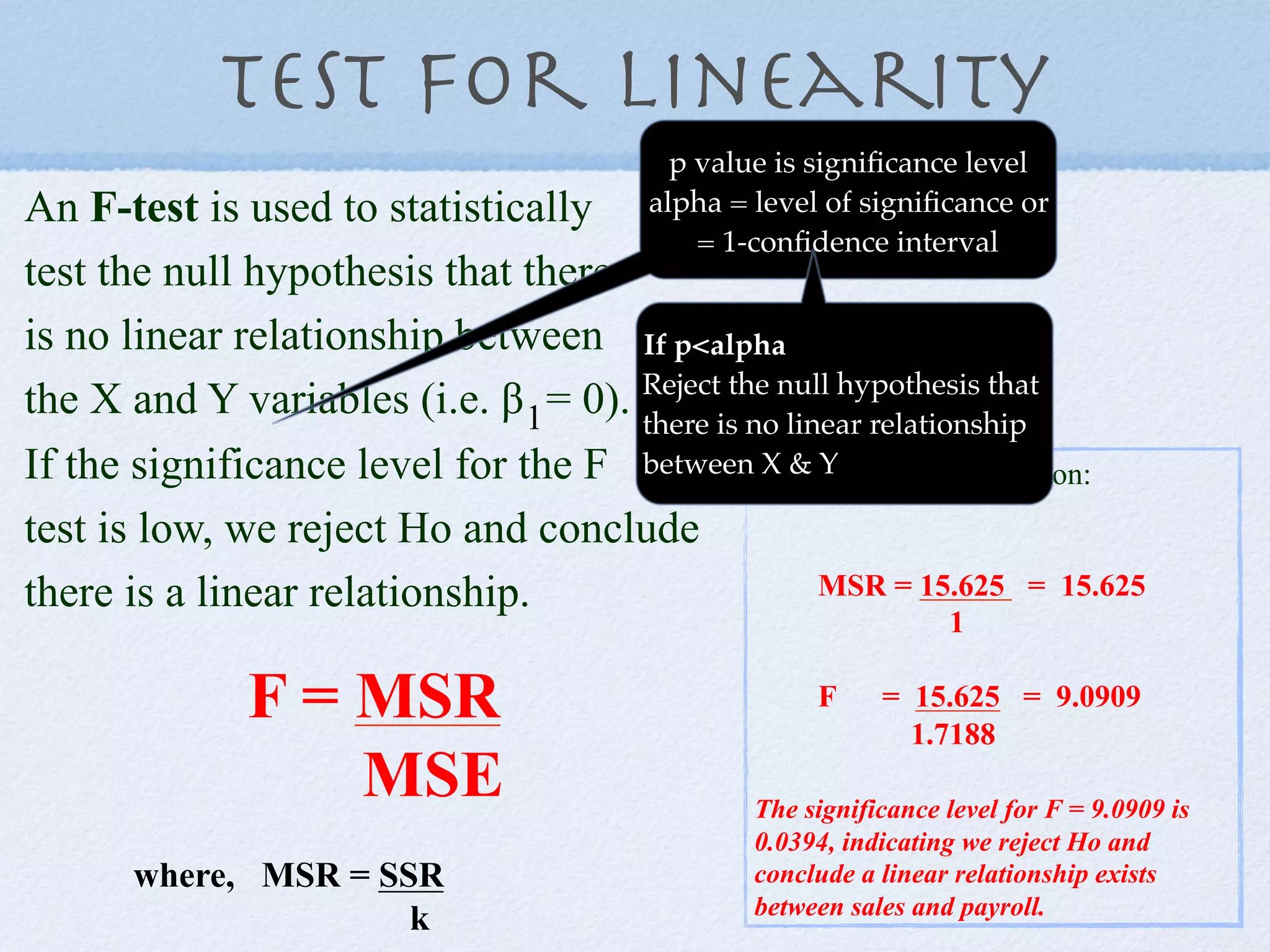 Test for linearity
                                           p value is signiﬁcance level
An F-test is used to statistically       alpha = level of signiﬁcance or
                                             = 1-conﬁdence interval
test the null hypothesis that there
is no linear relationship between If p<alpha
                                      Reject the null hypothesis that
the X and Y variables (i.e. ! 1 = 0). there is no linear relationship
If the significance level for the F between X & Triple A Construction:
                                                For Y
test is low, we reject Ho and conclude
there is a linear relationship.                      MSR = 15.625 = 15.625
                                                                  1

              F = MSR                                 F     = 15.625 = 9.0909
                                                              1.7188
                  MSE                            The significance level for F = 9.0909 is
                                                 0.0394, indicating we reject Ho and
       where, MSR = SSR                          conclude a linear relationship exists
                                                 between sales and payroll.
                      k
 