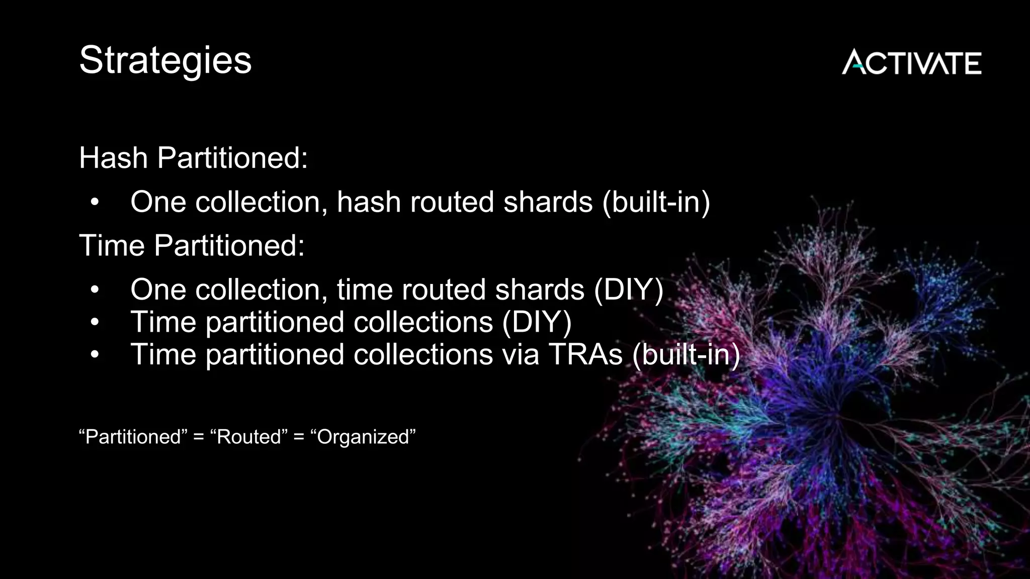 Strategies
Hash Partitioned:
• One collection, hash routed shards (built-in)
Time Partitioned:
• One collection, time routed shards (DIY)
• Time partitioned collections (DIY)
• Time partitioned collections via TRAs (built-in)
“Partitioned” = “Routed” = “Organized”
 