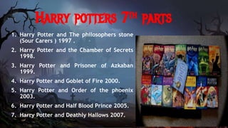 Harry potters 7th parts
1. Harry Potter and The philosophers stone
(Sour Carers ) 1997 .
2. Harry Potter and the Chamber of Secrets
1998.
3. Harry Potter and Prisoner of Azkaban
1999.
4. Harry Potter and Goblet of Fire 2000.
5. Harry Potter and Order of the phoenix
2003.
6. Harry Potter and Half Blood Prince 2005.
7. Harry Potter and Deathly Hallows 2007.
 