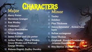 Characters
 Major
1) Harry Potter
2) Hermione Granger
3) Ron Wesley
4) Voldemort
5) Albus Dumbledore
6) Severus Snape
7) James Potter and Lily potter
8) Arthur Wesley , Percy Wesley,
Ginny Wesley and Fred and
George Wesley,
9) Rubeus Hagrid, Dudley Dursley.
 Minor
1) Yaxley
2) Dolohov
3) Pius Thickness
4) Decoy Detonator , Remus John
lupin
5) Refuse scrimgeour
6) Dean Thomas
7) Griphook , Kendra Dumbledore
,Arianna Dumbledore
8) Rita Skeeter ,Elphias Doge.
 