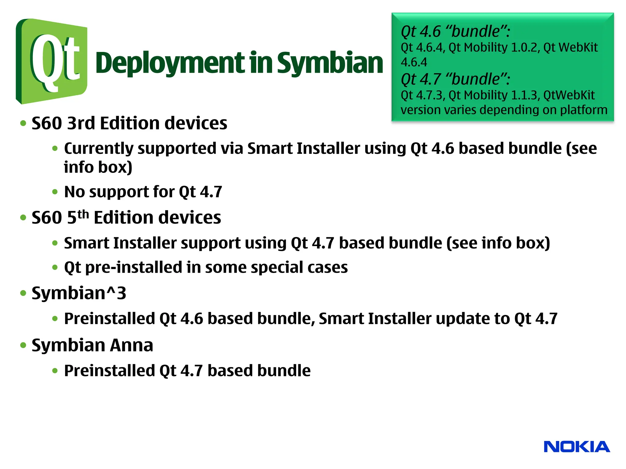 Qt 4.6 “bundle”:
                                                  Qt 4.6.4, Qt Mobility 1.0.2, Qt WebKit
         Deployment in Symbian                    4.6.4
                                                  Qt 4.7 “bundle”:
                                                  Qt 4.7.3, Qt Mobility 1.1.3, QtWebKit
                                                  version varies depending on platform
• S60 3rd Edition devices
   •  Currently supported via Smart Installer using Qt 4.6 based bundle (see
      info box)
   •  No support for Qt 4.7
• S60 5th Edition devices
   •  Smart Installer support using Qt 4.7 based bundle (see info box)
   •  Qt pre-installed in some special cases
• Symbian^3
   •  Preinstalled Qt 4.6 based bundle, Smart Installer update to Qt 4.7
• Symbian Anna
   •  Preinstalled Qt 4.7 based bundle
 