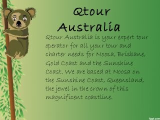Qtour
Australia
Qtour Australia is your expert tour
operator for all your tour and
charter needs for Noosa, Brisbane,
Gold Coast and the Sunshine
Coast. We are based at Noosa on
the Sunshine Coast, Queensland,
the jewel in the crown of this
magnificent coastline.
 