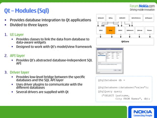 Qt – Modules (Sql)
                                                           QtOpenGl   QtSvg    QtWebKit         QtXmlPatterns      Qt3Support

• Provides database integration to Qt applications
• Divided to three layers
                                                            QtGui     QtSql   QtXml       QtNetwork     QtScript     Phonon



1. UI Layer
    • Provides classes to link the data from database to
      data-aware widgets                                                         QtCore

    • Designed to work with Qt's model/view framework

2. API layer
    • Provides Qt’s abstracted database-independent SQL
      API

3. Driver layer
    • Provides low-level bridge between the specific
      databases and the SQL API layer                      QSqlDatabase db =
    • Uses driver plugins to communicate with the
      different databases                                  QSqlDatabase::database("sales");
    • Several drivers are supplied with Qt                 QSqlQuery query
                                                               ("SELECT Lastname,
                                                                        City FROM Names", db);
 