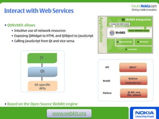 Interact with Web Services

• QtWebKit allows
   • Intuitive use of network resources
   • Exposing QWidget to HTML and QObject to JavaScript
   • Calling JavaScript from Qt and vice versa




                      JS


                      Qt


                  OS specific
                     APIs




• Based on the Open Source WebKit engine
 