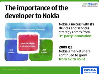 The importance of the
    developer to Nokia
                                   Nokia’s success with it’s
                                   devices and services
                                   strategy comes from
                                   3rd party innovation!


                                   2009 Q2
                                   Nokia’s market share
                                   continued to grow
                                   from 42 to 45%!

Source: SA, Canalys, August 2009
 