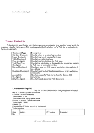 QuickTest Professional Unplugged                        43




     Types of Checkpoints

        A checkpoint is a verification point that compares a current value for a specified property with the
expected value for that property. This enables you to identify whether you’re Web site or application is
functioning correctly.

               Checkpoint Type                    Description
               Standard Checkpoint                Checks values of an object’s properties
               Image Checkpoint                   Checks the property values of an image
               Table Checkpoint                   Checks information in a table
               Page checkpoint                    Checks the characteristics of a Web page
               Text / Text Area                   Checks that a text string is displayed in the appropriate place in
               Checkpoint                         a Web page or application window
               Bitmap Checkpoint                  Checks an area of a Web page or application after capturing it
                                                  as a bitmap
               Database Checkpoint                Checks the contents of databases accessed by an application
                                                  or Web site
               Accessibility                      Identifies areas of a Web site to check for Section 508
               Checkpoint                         compliancy
               XML Checkpoint                     Checks the data content of XML documents




               1. Standard Checkpoint: -
                                             We can use this Checkpoint to verify Properties of Objects
               like as GUI check point in Winrunner.
               Example: - Manual test case.
               Test case id: TC-id
               Test case Name: Verify delete button
               Feature to be test: Flight Reservation
               Test suite Id: TS-FR
               Priority: Po
               Pre-condition: Existing records to be deleted.
               Test procedure:

               Step          Action                                      I/P required        Expected
               No



                                                      All powers within you, you can do it
 