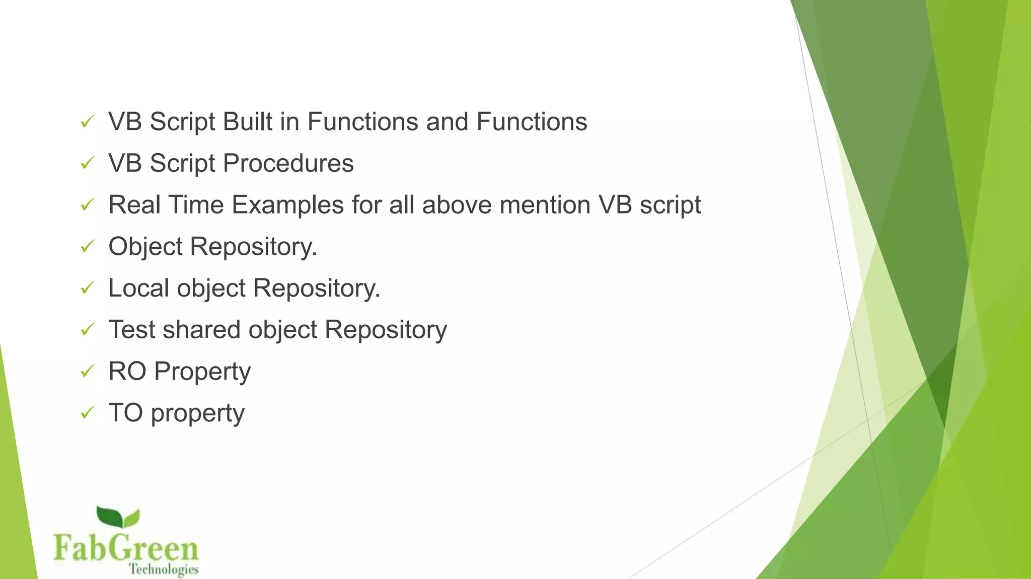  Difference between the functions and Actions
 QTP Transactions
 QTP Synchronization points
 Static Synchronization.
 Dynamic Synchronization
 QTP Step generator
 Check points and Types of Check points
 QTP Output Values
 