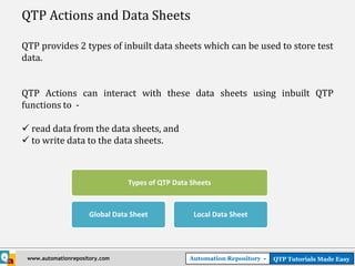 QTP Actions and Data Sheets

QTP provides 2 types of inbuilt data sheets which can be used to store test
data.


QTP Actions can interact with these data sheets using inbuilt QTP
functions to -

 read data from the data sheets, and
 to write data to the data sheets.



                                 Types of QTP Data Sheets



                      Global Data Sheet            Local Data Sheet




 www.automationrepository.com                     Automation Repository -   QTP Tutorials Made Easy
 