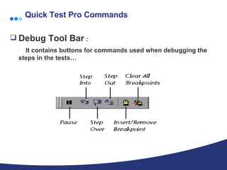 Quick Test Pro Commands Debug Tool Bar  : It contains buttons for commands used when debugging the steps in the tests… 