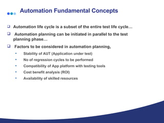Automation Fundamental Concepts Automation life cycle is a subset of the entire test life cycle… Automation planning can be initiated in parallel to the test planning phase… Factors to be considered in automation planning , Stability of AUT (Application under test) No of regression cycles to be performed Compatibility of App platform with testing tools Cost benefit analysis (ROI) Availability of skilled resources 