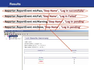 Results Reporter.ReportEvent micPass, "Step Name" ,  "Log in successfully" Reporter.ReportEvent micFail, "Step Name" ,  "Log in Failed" Reporter.ReportEvent micWarning, "Step Name" ,  "Log in pending" Reporter.ReportEvent micDone, "Step Name" ,  "Log in pending" 