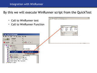 Integration with WinRunner  By this we will execute WinRunner script from the QuickTest  Call to WinRunner test  Call to WinRunner Function 