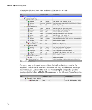 Lesson 2 • Recording Tests


                 When you expand your test, it should look similar to this:




                 For every step performed on an object, QuickTest displays a row in the
                 Keyword View with an icon and details of the step. For example, the step
                 below instructs QuickTest to click the reserveFlights image at a specific
                 location in the Select a Flight: Mercury page of the Mercury Tours Web site.




16
 