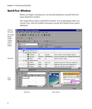 Lesson 1 • Introducing QuickTest


QuickTest Window
                 Before you begin creating tests, you should familiarize yourself with the
                 main QuickTest window.

                 The image below shows a QuickTest window as it would appear after you
                 record a test, with all toolbars and panes (except the Debug Viewer pane)
                 displayed:

Title bar
Menu bar

File toolbar
Debug
toolbar
Testing
toolbar
Action
toolbar




Test pane




Data
Table




                      Status bar                        Active Screen




4
 