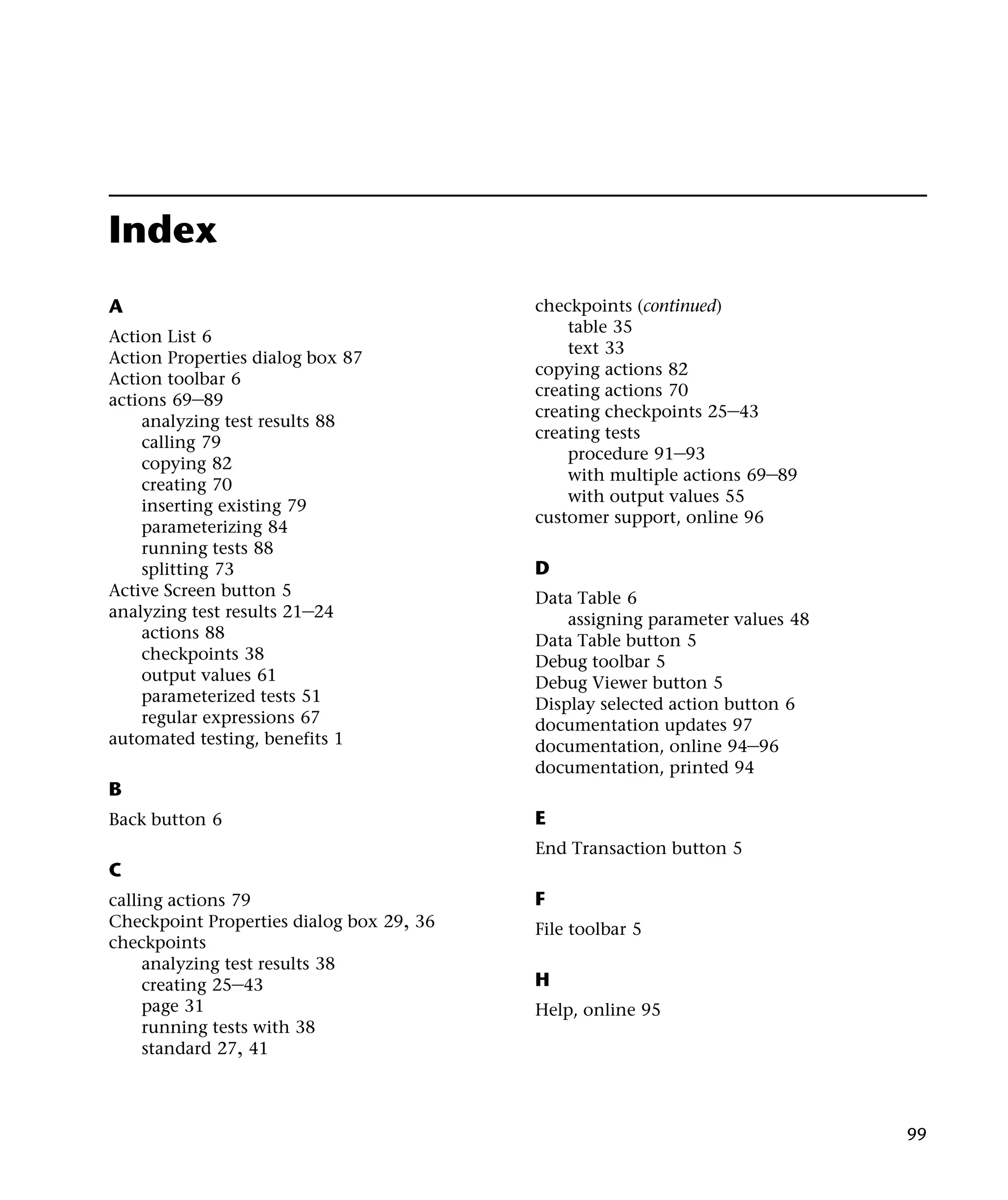 Index
A
Action List 6
Action Properties dialog box 87
Action toolbar 6
actions 69–89
analyzing test results 88
calling 79
copying 82
creating 70
inserting existing 79
parameterizing 84
running tests 88
splitting 73
Active Screen button 5
analyzing test results 21–24
actions 88
checkpoints 38
output values 61
parameterized tests 51
regular expressions 67
automated testing, benefits 1

checkpoints (continued)
table 35
text 33
copying actions 82
creating actions 70
creating checkpoints 25–43
creating tests
procedure 91–93
with multiple actions 69–89
with output values 55
customer support, online 96

D
Data Table 6
assigning parameter values 48
Data Table button 5
Debug toolbar 5
Debug Viewer button 5
Display selected action button 6
documentation updates 97
documentation, online 94–96
documentation, printed 94

B
Back button 6

E
End Transaction button 5

C
calling actions 79
Checkpoint Properties dialog box 29, 36
checkpoints
analyzing test results 38
creating 25–43
page 31
running tests with 38
standard 27, 41

F
File toolbar 5

H
Help, online 95

99

 