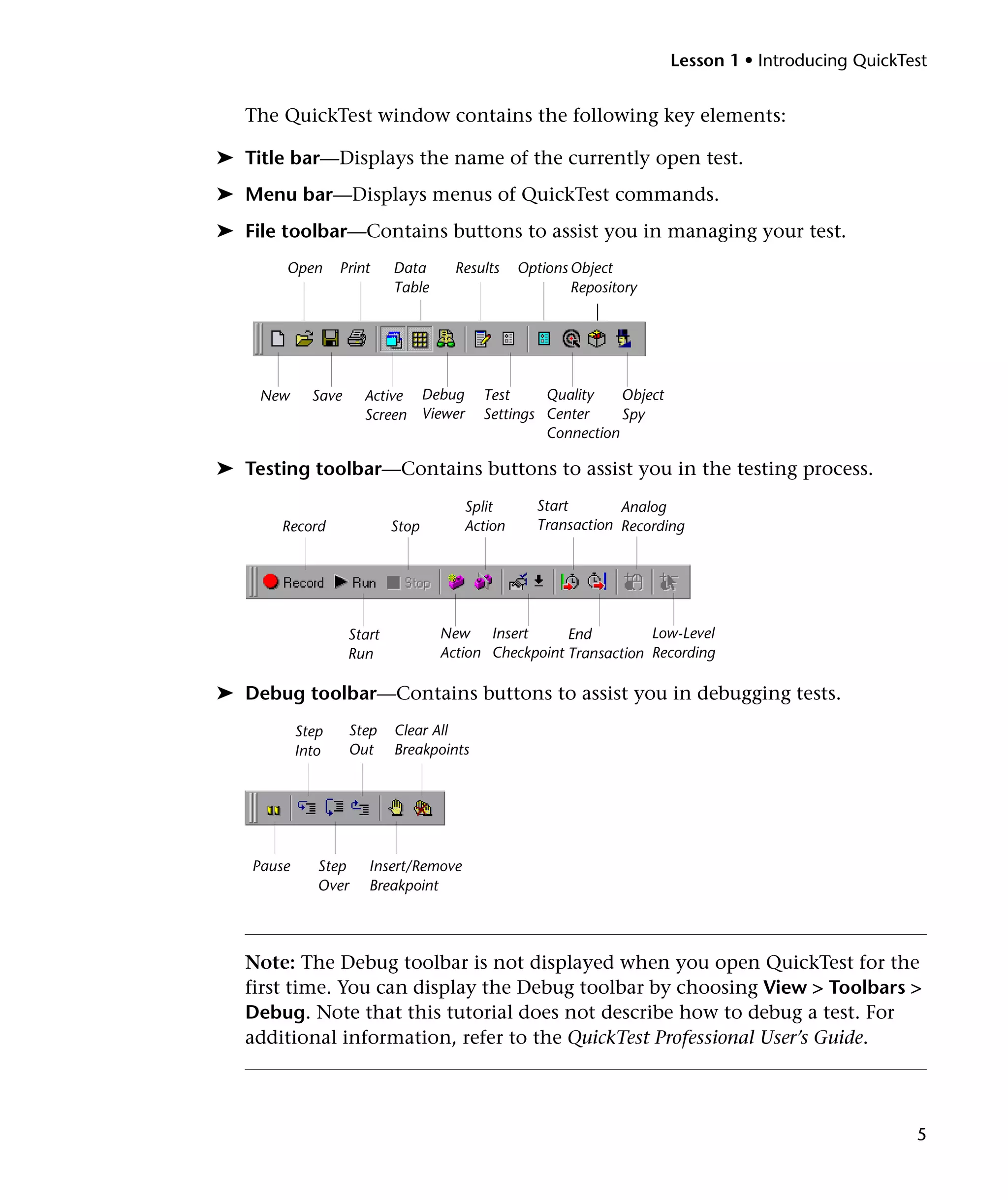 Lesson 1 • Introducing QuickTest

The QuickTest window contains the following key elements:
➤ Title bar—Displays the name of the currently open test.
➤ Menu bar—Displays menus of QuickTest commands.
➤ File toolbar—Contains buttons to assist you in managing your test.
Open

New

Print

Data
Table

Results

Active Debug
Screen Viewer

Save

Options Object
Repository

Quality
Test
Object
Settings Center
Spy
Connection

➤ Testing toolbar—Contains buttons to assist you in the testing process.
Record

Split
Action

Stop

Start
Run

Start
Analog
Transaction Recording

Low-Level
New Insert
End
Action Checkpoint Transaction Recording

➤ Debug toolbar—Contains buttons to assist you in debugging tests.
Step
Into

Pause

Step
Over

Step
Out

Clear All
Breakpoints

Insert/Remove
Breakpoint

Note: The Debug toolbar is not displayed when you open QuickTest for the
first time. You can display the Debug toolbar by choosing View > Toolbars >
Debug. Note that this tutorial does not describe how to debug a test. For
additional information, refer to the QuickTest Professional User’s Guide.

5

 
