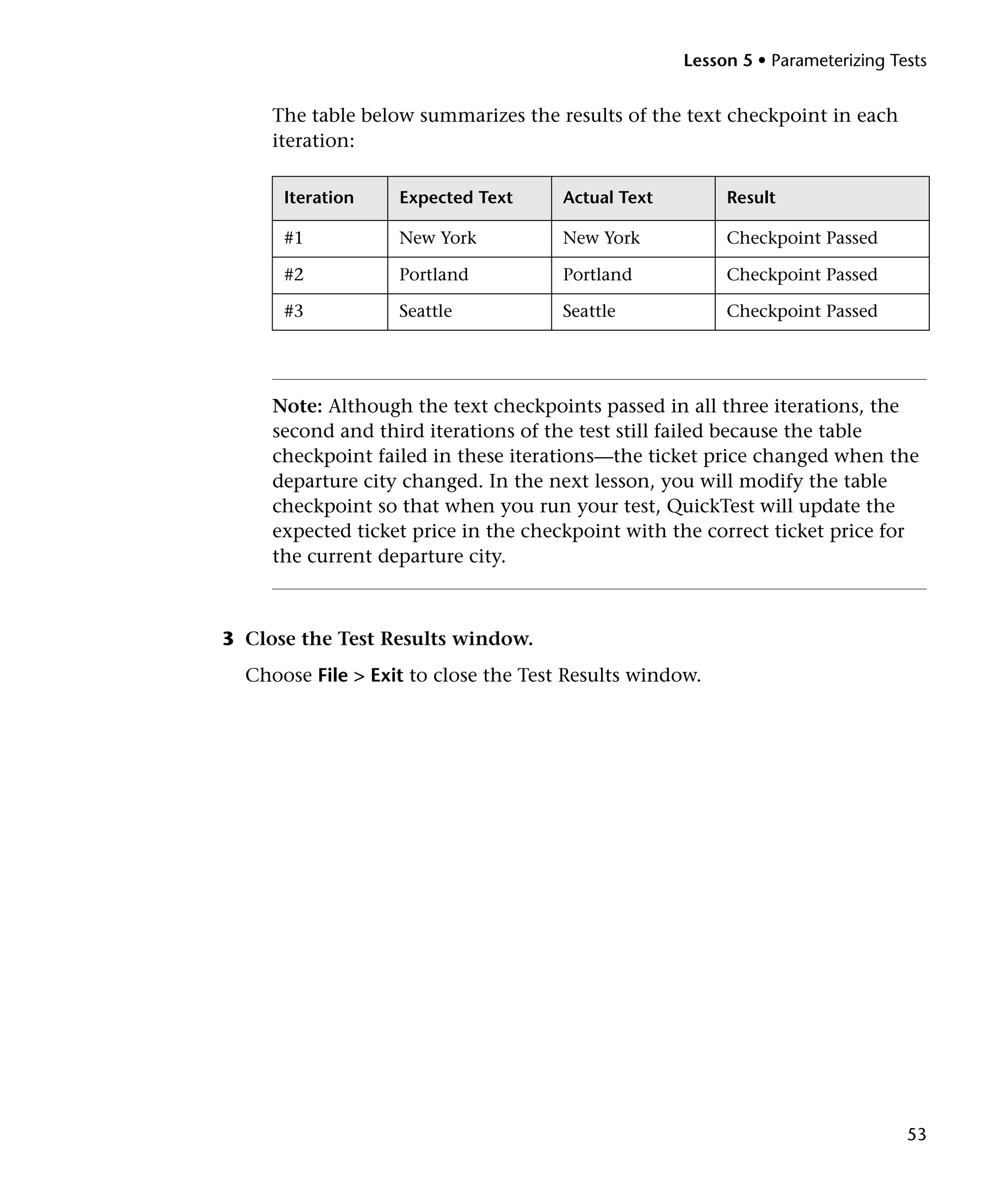 Lesson 5 • Parameterizing Tests

The table below summarizes the results of the text checkpoint in each
iteration:
Iteration

Expected Text

Actual Text

Result

#1

New York

New York

Checkpoint Passed

#2

Portland

Portland

Checkpoint Passed

#3

Seattle

Seattle

Checkpoint Passed

Note: Although the text checkpoints passed in all three iterations, the
second and third iterations of the test still failed because the table
checkpoint failed in these iterations—the ticket price changed when the
departure city changed. In the next lesson, you will modify the table
checkpoint so that when you run your test, QuickTest will update the
expected ticket price in the checkpoint with the correct ticket price for
the current departure city.

3 Close the Test Results window.
Choose File > Exit to close the Test Results window.

53

 