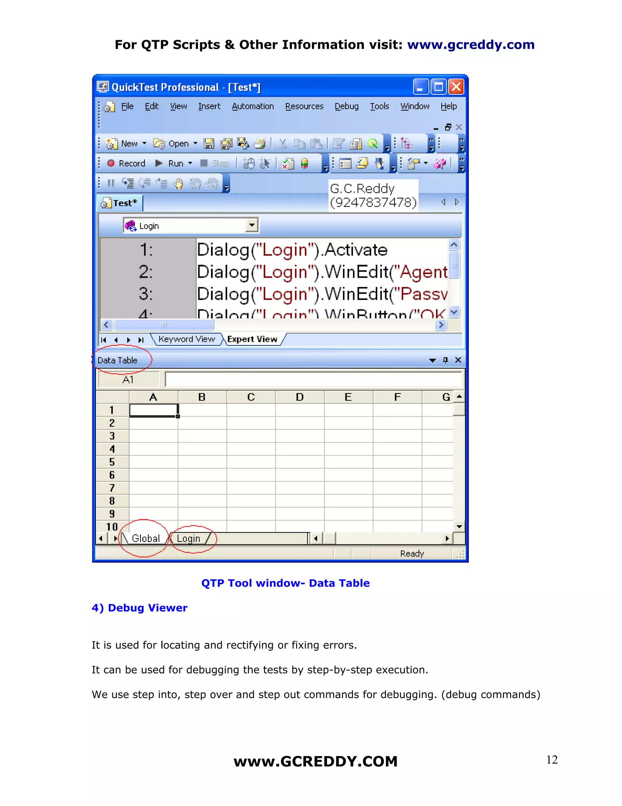 For QTP Scripts & Other Information visit: www.gcreddy.com




                       QTP Tool window- Data Table

4) Debug Viewer


It is used for locating and rectifying or fixing errors.

It can be used for debugging the tests by step-by-step execution.

We use step into, step over and step out commands for debugging. (debug commands)




                             www.GCREDDY.COM                                        12
 