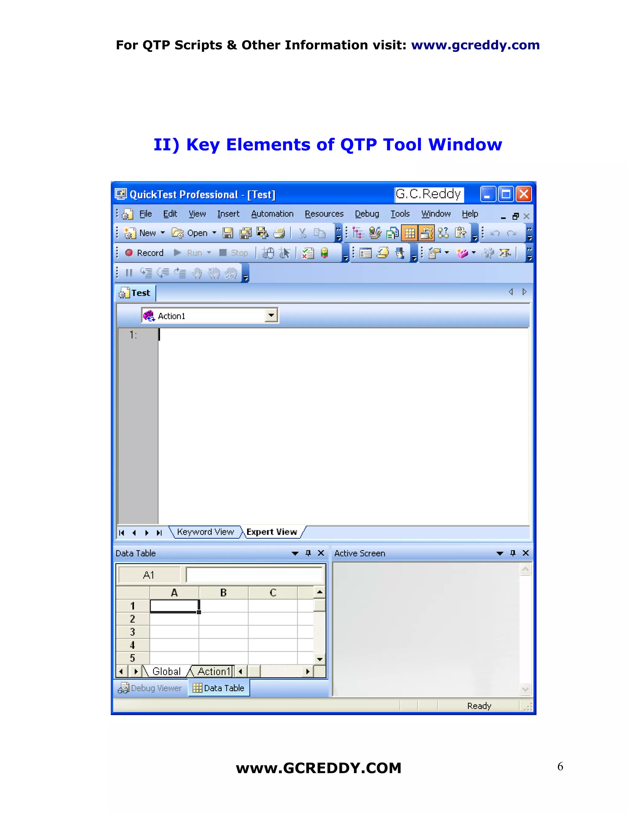 For QTP Scripts & Other Information visit: www.gcreddy.com




     II) Key Elements of QTP Tool Window




                www.GCREDDY.COM                              6
 