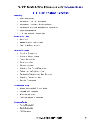 For QTP Scripts & Other Information visit: www.gcreddy.com


                         III) QTP Testing Process
Planning
   o   Analyzing the AUT
   o   Automation Test Plan Generation
   o   Automation Framework Implementation
   o   Generating/Selecting Test cases for Automation
   o   Collecting Test Data
   o   QTP Tool Settings Configuration
Generating Tests
   o   Recording
   o   Keyword driven methodology
   o   Descriptive Programming


Enhancing Tests
   o Inserting Checkpoints
   o   Inserting Output values
   o   Adding Comments
   o   Synchronization
   o   Parameterization
   o   Inserting Flow Control Statements
   o   Calling User defined functions
   o Generating Steps though Step Generator
   o   Inserting Transaction Points
   o Regular Expressions

Debugging Tests
   o Debug Commands & Break Points
   o   Step by step execution
   o   Watching Variables
   o   Changing values of variables


Running Tests
   o   Normal Execution
   o   Batch Execution
   o   AOM Scripting



                              www.GCREDDY.COM                   17
 