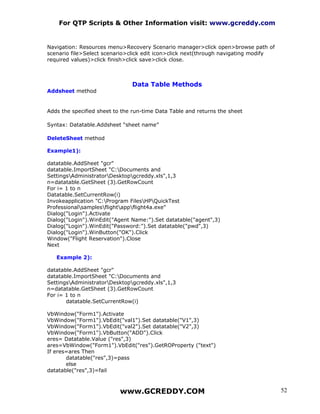 For QTP Scripts & Other Information visit: www.gcreddy.com


Navigation: Resources menu>Recovery Scenario manager>click open>browse path of
scenario file>Select scenario>click edit icon>click next(through navigating modify
required values)>click finish>click save>click close.



                               Data Table Methods
Addsheet method


Adds the specified sheet to the run-time Data Table and returns the sheet

Syntax: Datatable.Addsheet “sheet name”

DeleteSheet method

Example1):

datatable.AddSheet "gcr"
datatable.ImportSheet "C:Documents and
SettingsAdministratorDesktopgcreddy.xls",1,3
n=datatable.GetSheet (3).GetRowCount
For i= 1 to n
Datatable.SetCurrentRow(i)
Invokeapplication "C:Program FilesHPQuickTest
Professionalsamplesflightappflight4a.exe"
Dialog("Login").Activate
Dialog("Login").WinEdit("Agent Name:").Set datatable("agent",3)
Dialog("Login").WinEdit("Password:").Set datatable("pwd",3)
Dialog("Login").WinButton("OK").Click
Window("Flight Reservation").Close
Next

   Example 2):

datatable.AddSheet "gcr"
datatable.ImportSheet "C:Documents and
SettingsAdministratorDesktopgcreddy.xls",1,3
n=datatable.GetSheet (3).GetRowCount
For i= 1 to n
       datatable.SetCurrentRow(i)

VbWindow("Form1").Activate
VbWindow("Form1").VbEdit("val1").Set datatable("V1",3)
VbWindow("Form1").VbEdit("val2").Set datatable("V2",3)
VbWindow("Form1").VbButton("ADD").Click
eres= Datatable.Value ("res",3)
ares=VbWindow("Form1").VbEdit("res").GetROProperty ("text")
If eres=ares Then
       datatable("res",3)=pass
       else
datatable("res",3)=fail



                           www.GCREDDY.COM                                           52
 