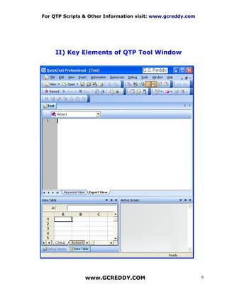 For QTP Scripts & Other Information visit: www.gcreddy.com




     II) Key Elements of QTP Tool Window




                www.GCREDDY.COM                              6
 