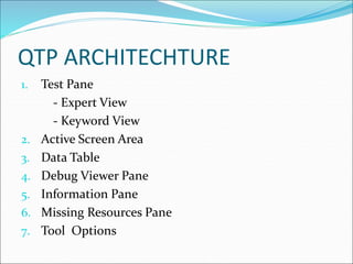 QTP ARCHITECHTURE
1. Test Pane
- Expert View
- Keyword View
2. Active Screen Area
3. Data Table
4. Debug Viewer Pane
5. Information Pane
6. Missing Resources Pane
7. Tool Options
 