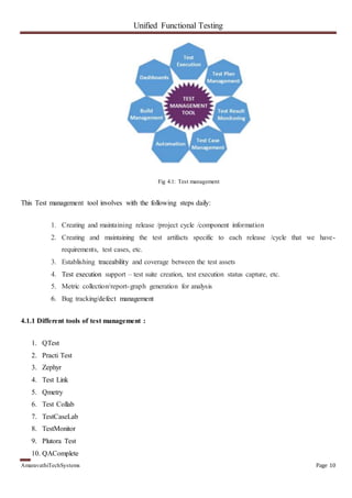 Unified Functional Testing
AmaravathiTechSystems Page 10
Fig 4.1: Test management
This Test management tool involves with the following steps daily:
1. Creating and maintaining release /project cycle /component information
2. Creating and maintaining the test artifacts specific to each release /cycle that we have-
requirements, test cases, etc.
3. Establishing traceability and coverage between the test assets
4. Test execution support – test suite creation, test execution status capture, etc.
5. Metric collection/report-graph generation for analysis
6. Bug tracking/defect management
4.1.1 Different tools of test management :
1. QTest
2. Practi Test
3. Zephyr
4. Test Link
5. Qmetry
6. Test Collab
7. TestCaseLab
8. TestMonitor
9. Plutora Test
10. QAComplete
 