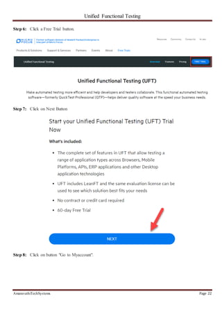 Unified Functional Testing
AmaravathiTechSystems Page 22
Step 6: Click a Free Trial button.
Step 7: Click on Next Button
Step 8: Click on button "Go to Myaccount".
 