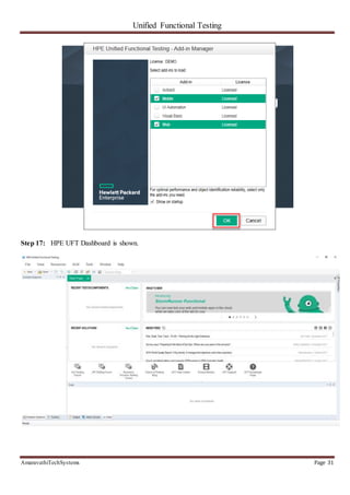 Unified Functional Testing
AmaravathiTechSystems Page 31
Step 17: HPE UFT Dashboard is shown.
 