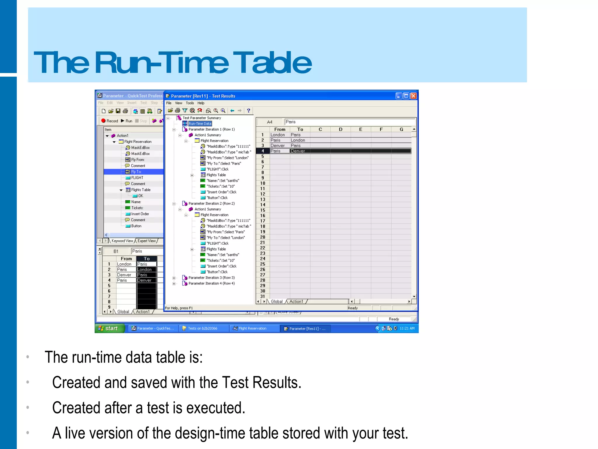 The Run-Time Table The run-time data table is: Created and saved with the Test Results. Created after a test is executed. A live version of the design-time table stored with your test. 
