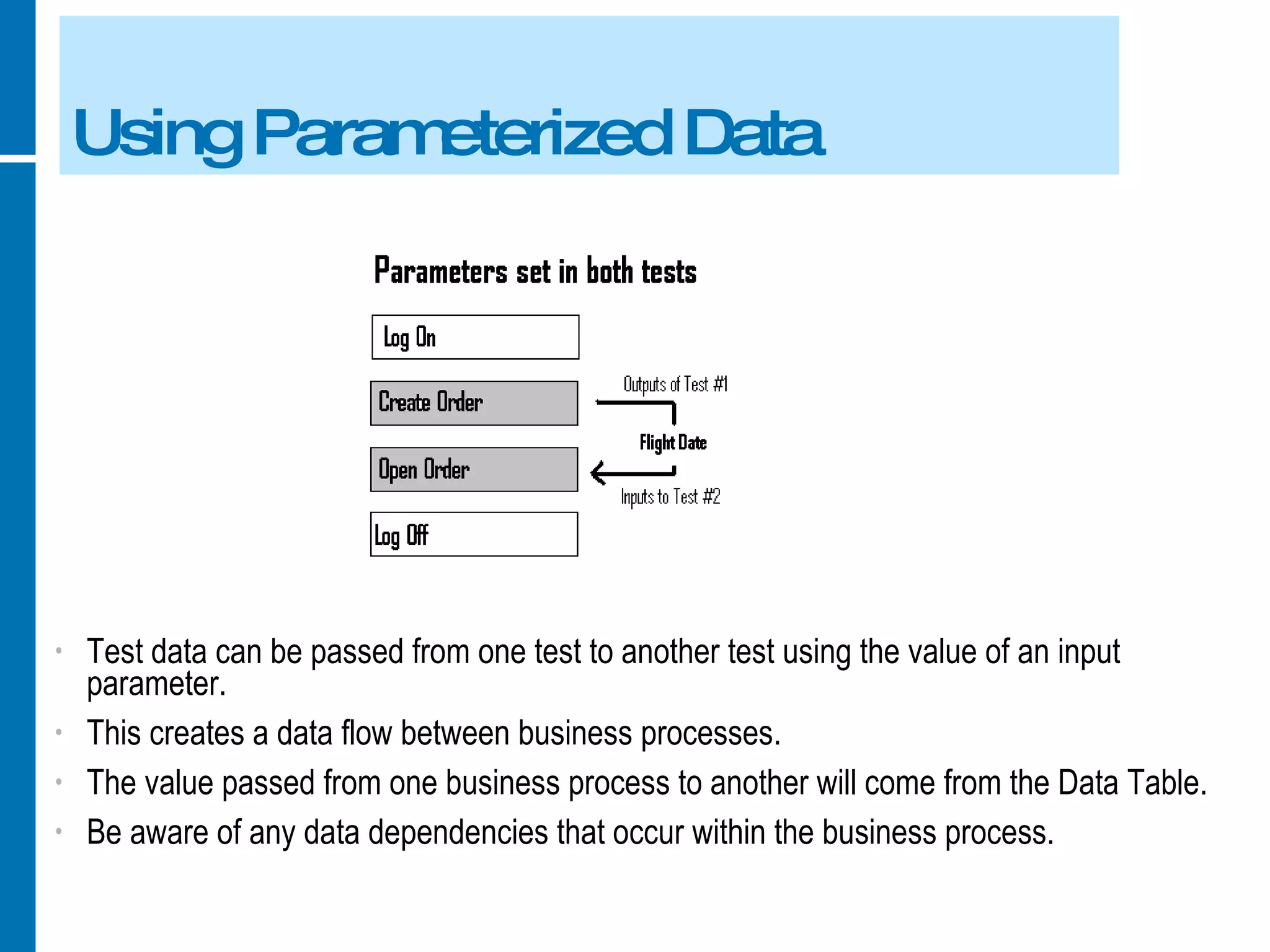 Using Parameterized Data Test data can be passed from one test to another test using the value of an input parameter. This creates a data flow between business processes. The value passed from one business process to another will come from the Data Table. Be aware of any data dependencies that occur within the business process. 