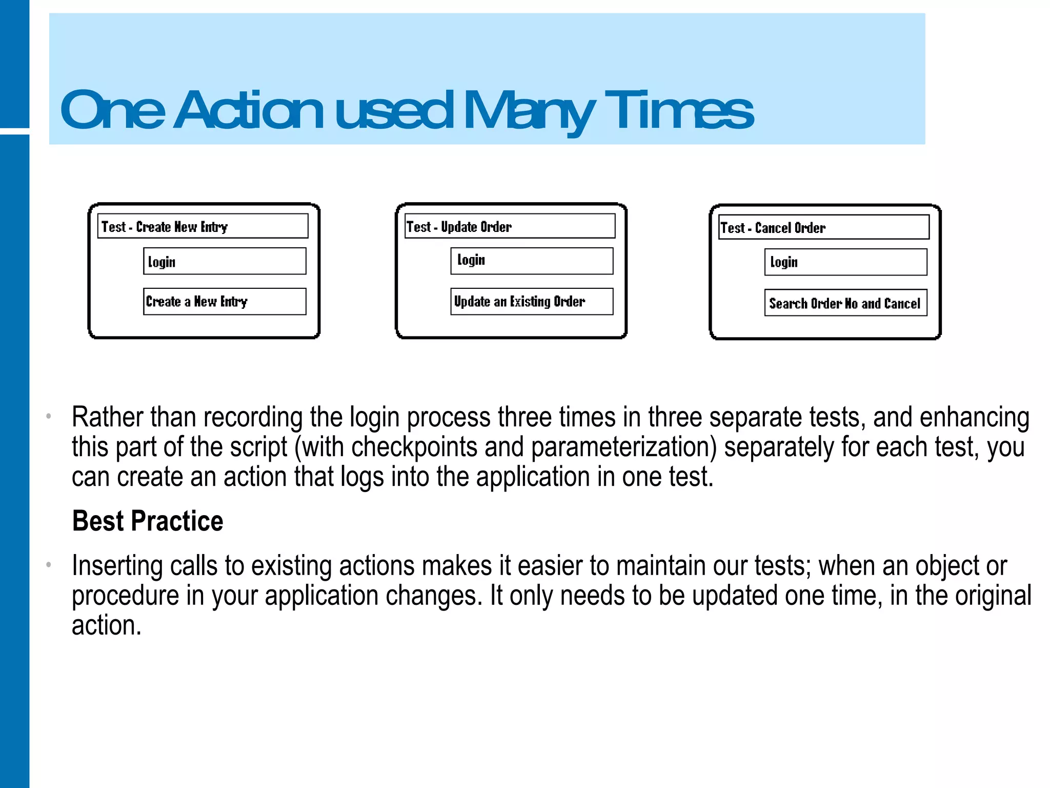 One Action used Many Times Rather than recording the login process three times in three separate tests, and enhancing this part of the script (with checkpoints and parameterization) separately for each test, you can create an action that logs into the application in one test. Best Practice Inserting calls to existing actions makes it easier to maintain our tests; when an object or procedure in your application changes. It only needs to be updated one time, in the original action. 