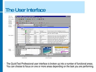 The User Interface The QuickTest Professional user interface is broken up into a number of functional areas. You can choose to focus on one or more areas depending on the task you are performing. 