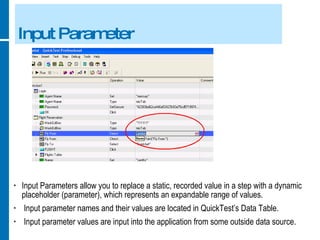 Input Parameter Input Parameters allow you to replace a static, recorded value in a step with a dynamic placeholder (parameter), which represents an expandable range of values. Input parameter names and their values are located in QuickTest’s Data Table. Input parameter values are input into the application from some outside data source. 