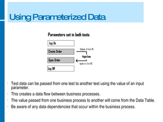 Using Parameterized Data Test data can be passed from one test to another test using the value of an input parameter. This creates a data flow between business processes. The value passed from one business process to another will come from the Data Table. Be aware of any data dependencies that occur within the business process. 