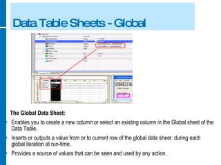 Data Table Sheets - Global The Global Data Sheet: Enables you to create a new column or select an existing column in the Global sheet of the Data Table. Inserts or outputs a value from or to current row of the global data sheet  during each global iteration at run-time. Provides a source of values that can be seen and used by any action. 