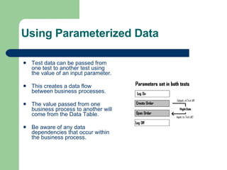 Using Parameterized Data Test data can be passed from one test to another test using the value of an input parameter. This creates a data flow between business processes. The value passed from one business process to another will come from the Data Table. Be aware of any data dependencies that occur within the business process. 