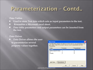 

Data Tables
 Used to store Test data which acts as input parameters to the test.

Resembles a Microsoft excel sheet.
 Data table parameters and output parameters can be inserted from
the test.



Data Driver
 Data Driver allows the user
to parameterize several
property values together.

pgorantla.blogspot.com

 