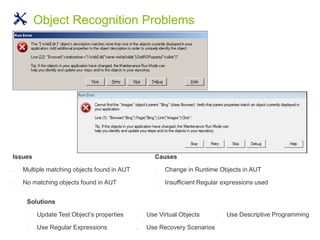 Issues
 Multiple matching objects found in AUT
 No matching objects found in AUT
Object Recognition Problems
Causes
 Change in Runtime Objects in AUT
 Insufficient Regular expressions used
Solutions
 Update Test Object’s properties
 Use Regular Expressions
 Use Virtual Objects
 Use Recovery Scenarios
 Use Descriptive Programming
 