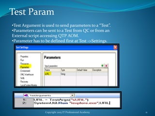 Copyright 2015 IT Professional Academy 11
Test Param
•Test Argument is used to send parameters to a “Test”.
•Parameters can be sent to a Test from QC or from an
External script accessing QTP AOM.
•Parameter has to be defined first at Test ->Settings.
 