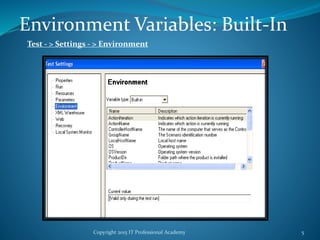 Copyright 2015 IT Professional Academy 5
Environment Variables: Built-In
Test - > Settings - > Environment
 
